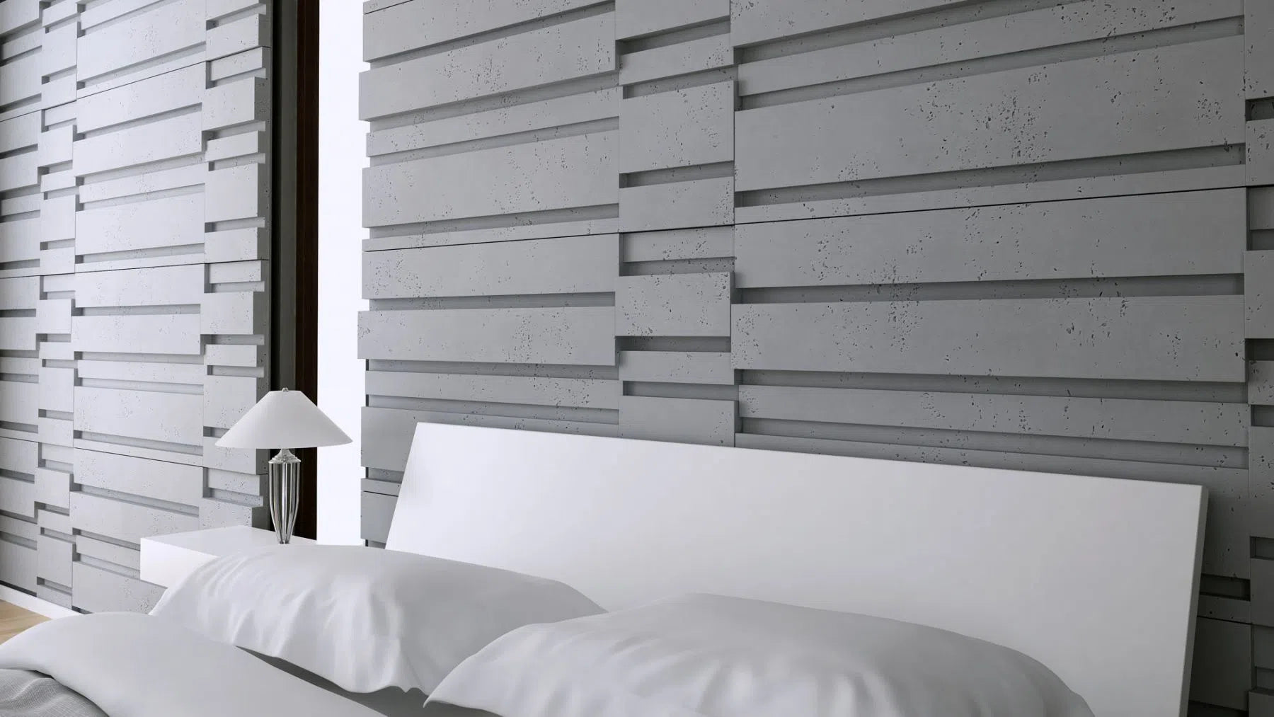 3D Concrete Wall Panel ROOFTOPS in a modern bedroom | DecorMania UK