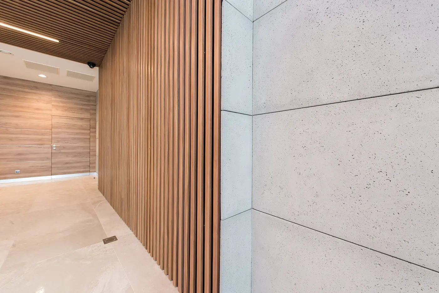 Architectural GRC Concrete wall panels Interior - NEUTRAL in a modern hallway | DecorMania UK