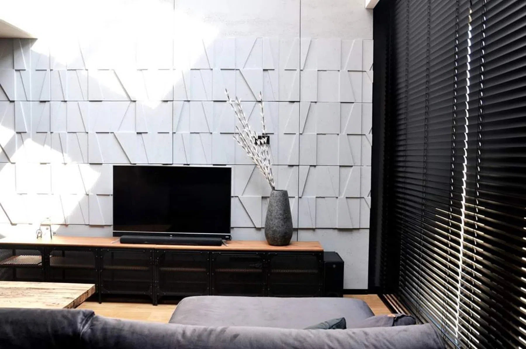 Concrete 3D Concrete Wall Panels BOOKCASE in a living room  | DecorMania UK