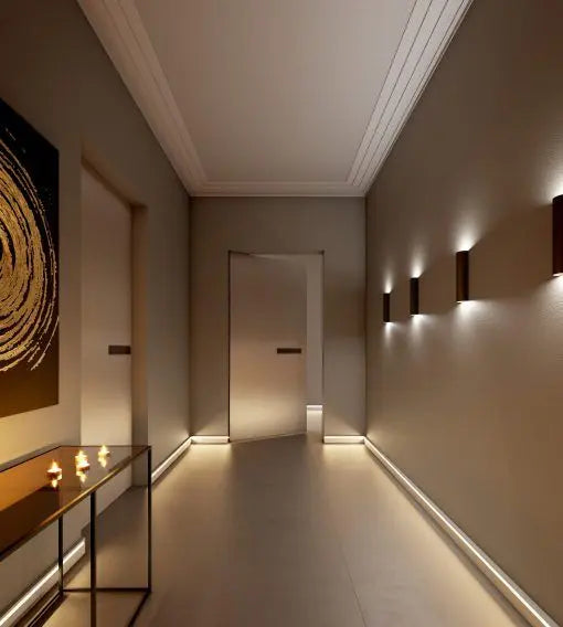 AD21 ART DECO 2M NMC Ceiling Coving in modern hallway and ambient lighting | DecorMania UK 