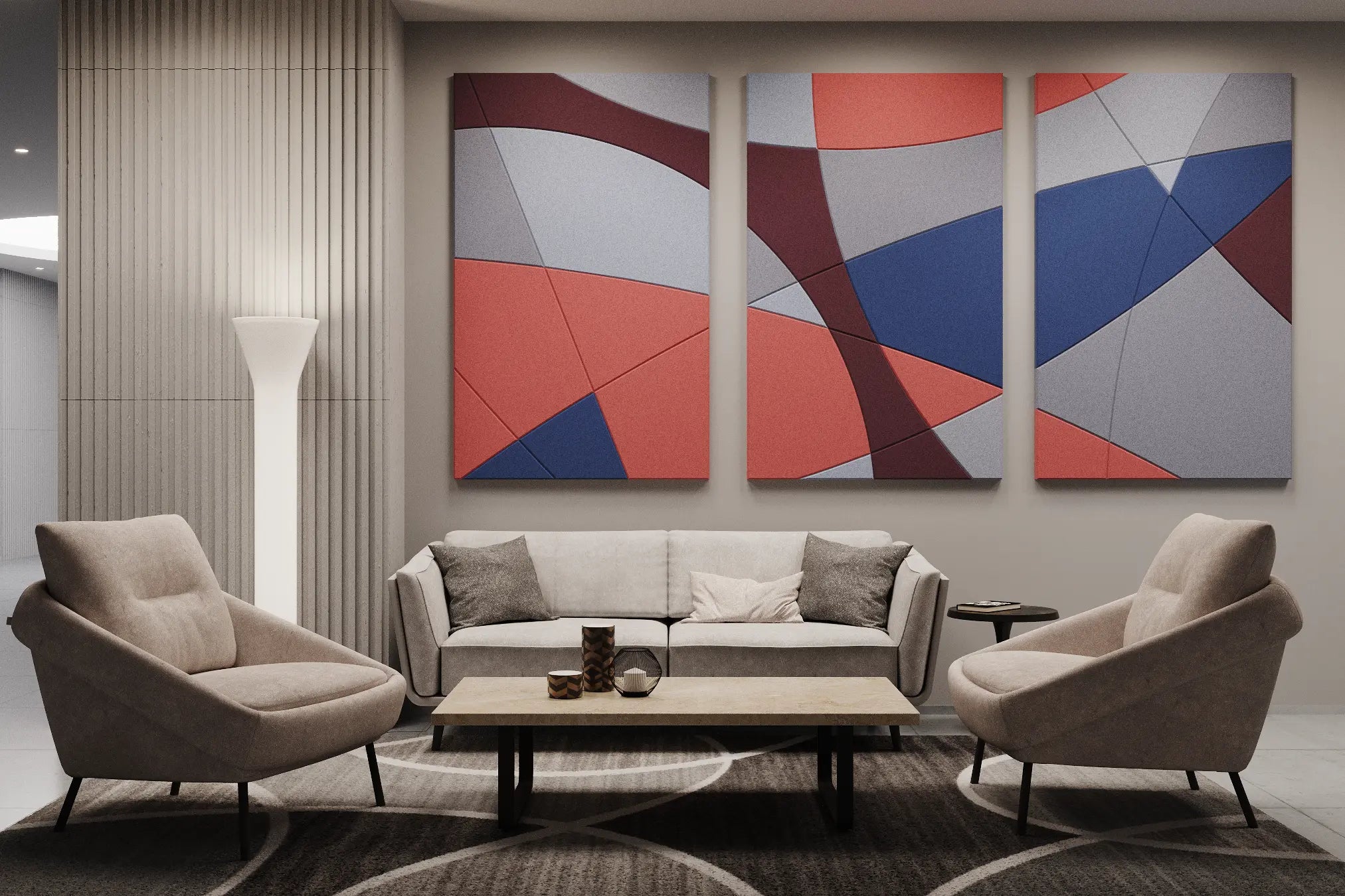Acoustic Wall Art Panels FUSION 5 in beige colour living room interior DecorMania UK