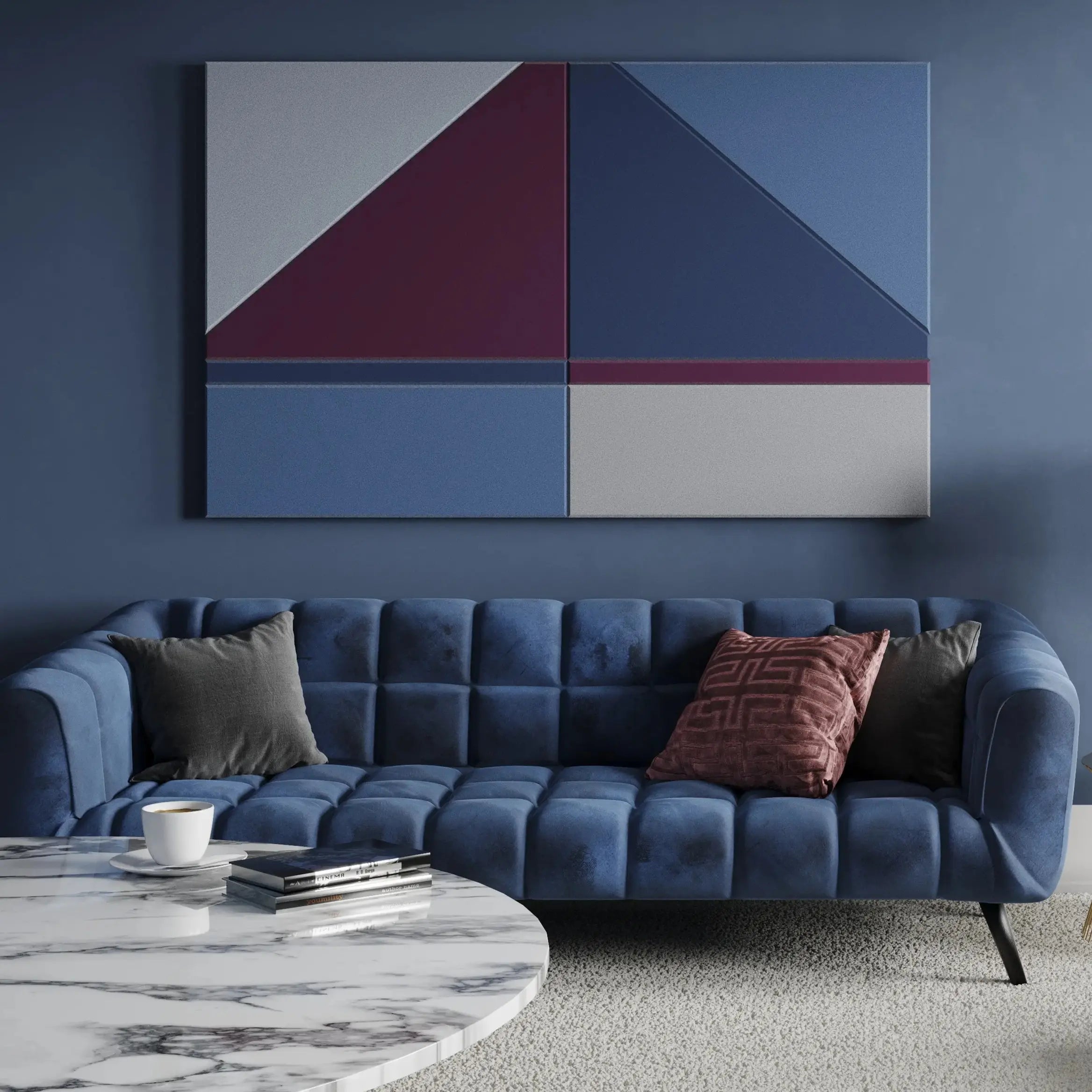 Acoustic Wall Art Panels SAIL 1 in blue living room interior Decormania UK