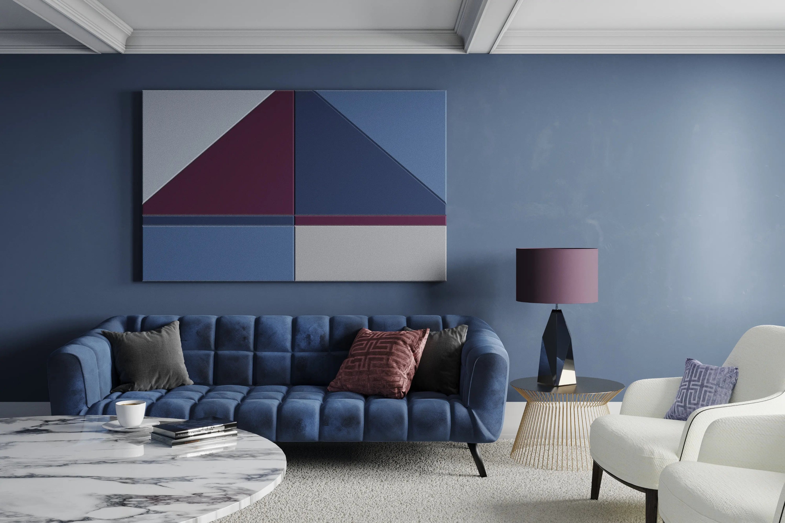 Acoustic Wall Art Panels SAIL 3 in blue living room interior DecorMania UK