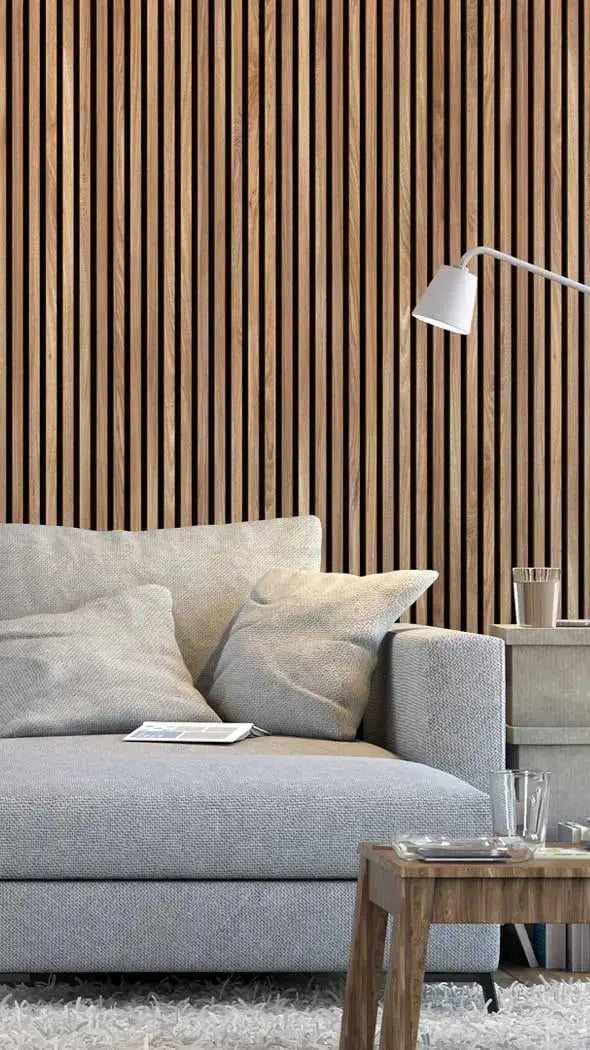 Acoustic wooden slat panels on felt near sofa