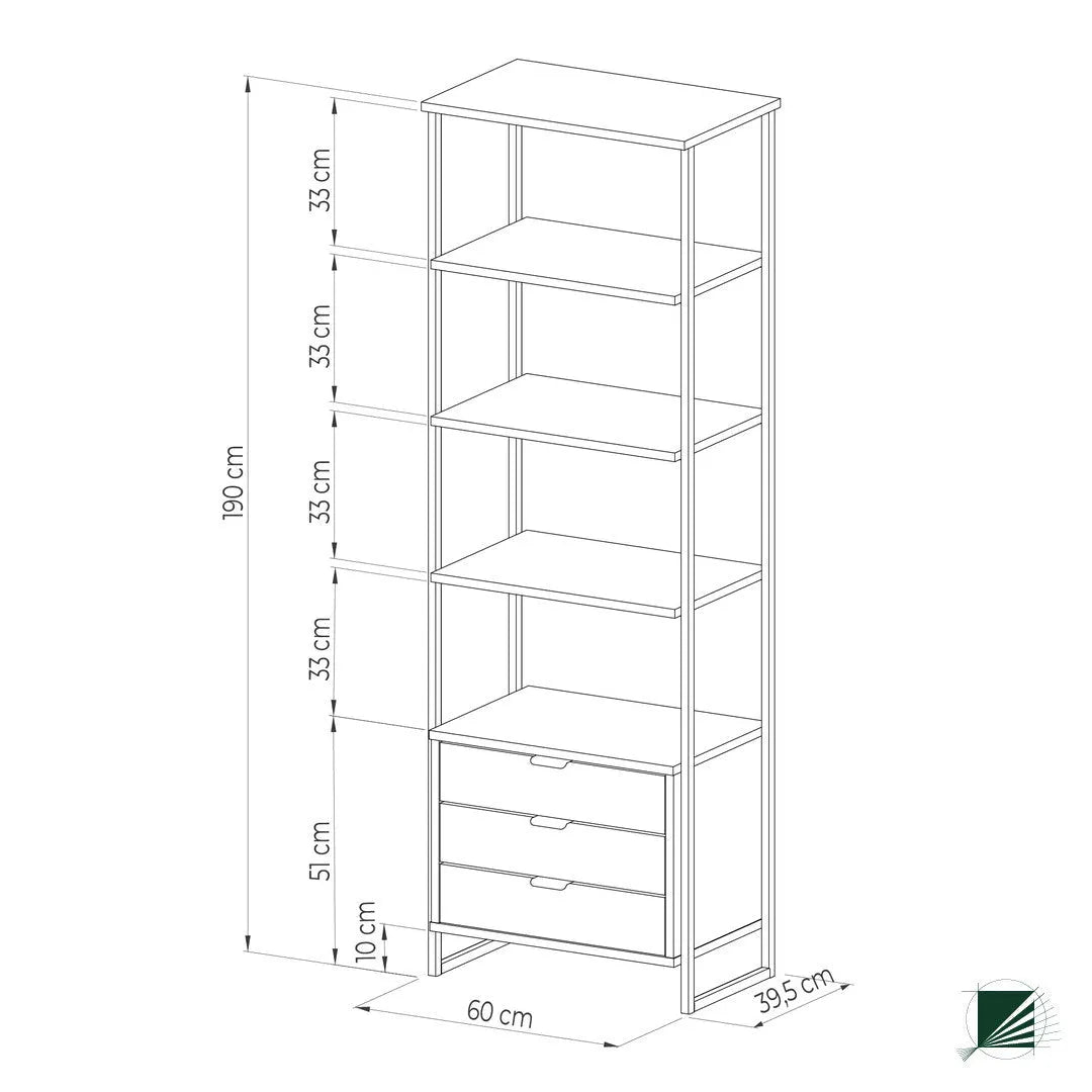 Bookstand with drawers LOFT Oak Black dimensions on white background DecorMania UK