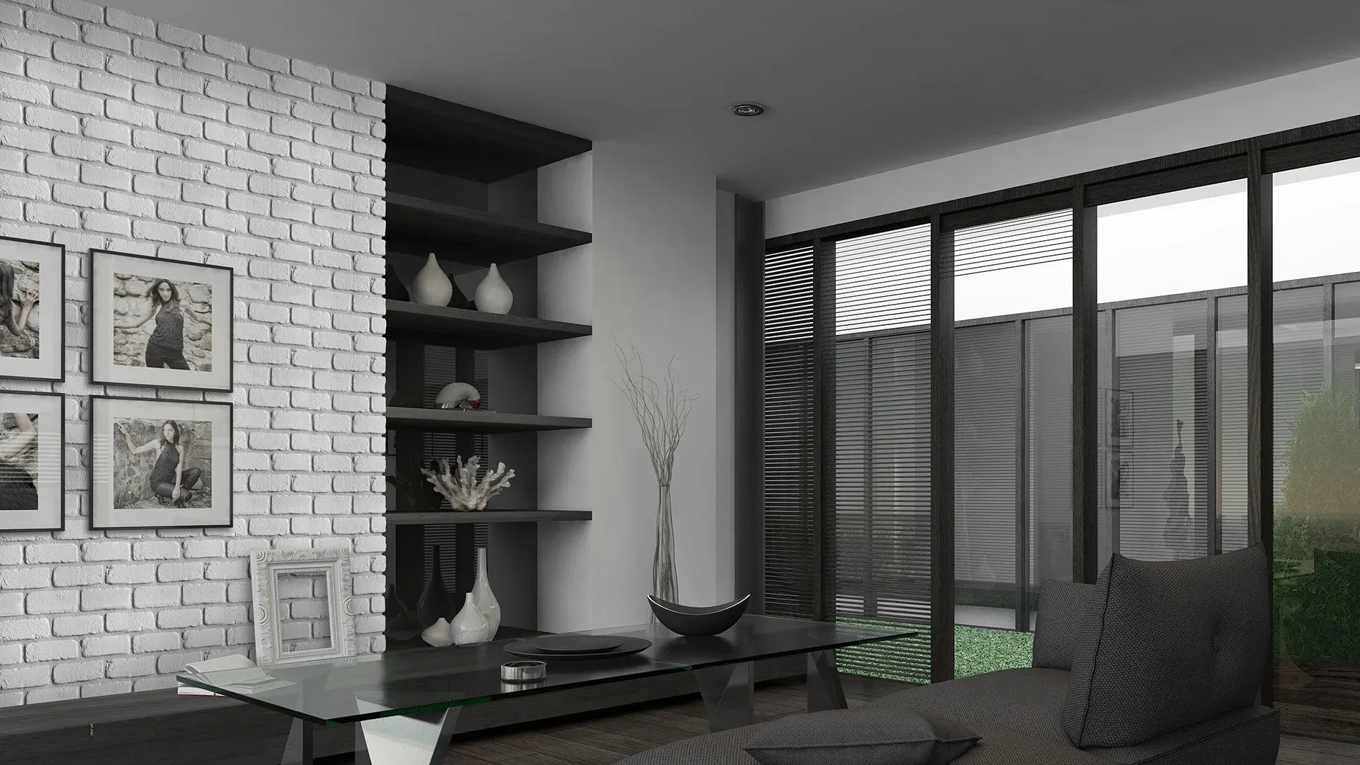 Brick Slips LOFT Gypsum Interior - box white feature wall on black and white interior Decormania UK
