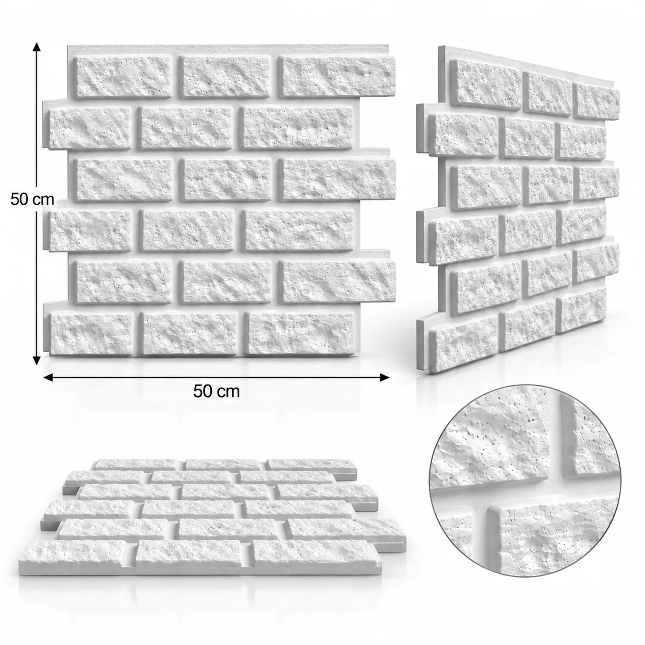 Brick 3D gypsum wall panel shown from several angles, with 50 cm by 50 cm dimensions and a close detail of the relief