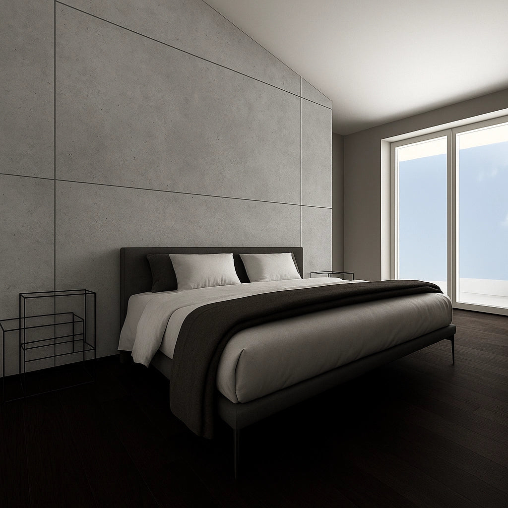CONCREO® Faux Concrete Decorative Panels - Natural Smooth in bedroom interior Decormania UK