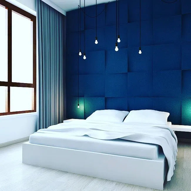 CUBE 3D Soft Acoustic Wall Panels in blue bedroom interior | DecorMania UK