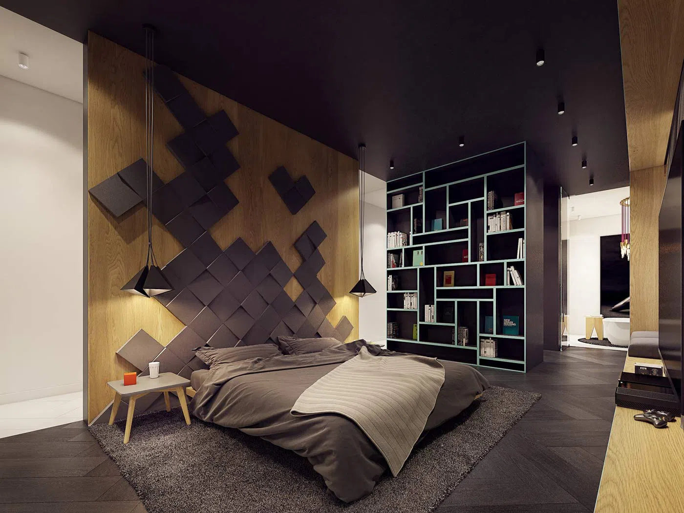CUBIC 3D Soft Acoustic Wall Panels in grey bedroom interior | DecorMania