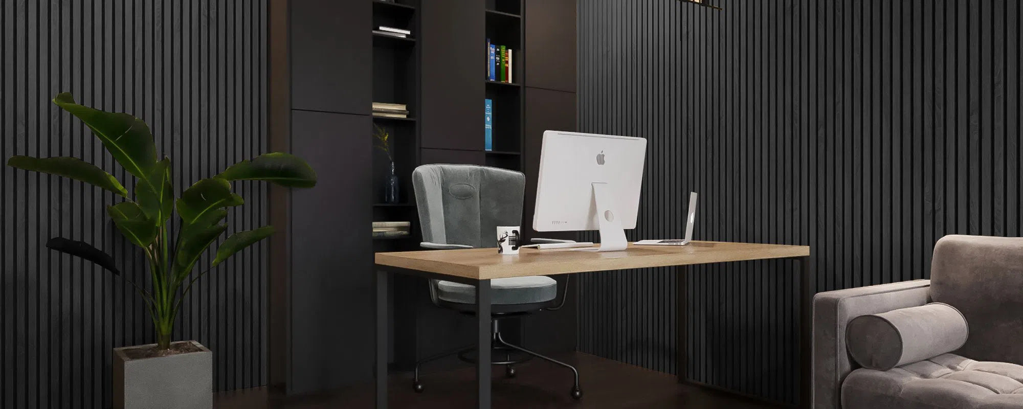 Charcoal Acoustic Wood Slat Wall Panel  in office interior DecorMania UK