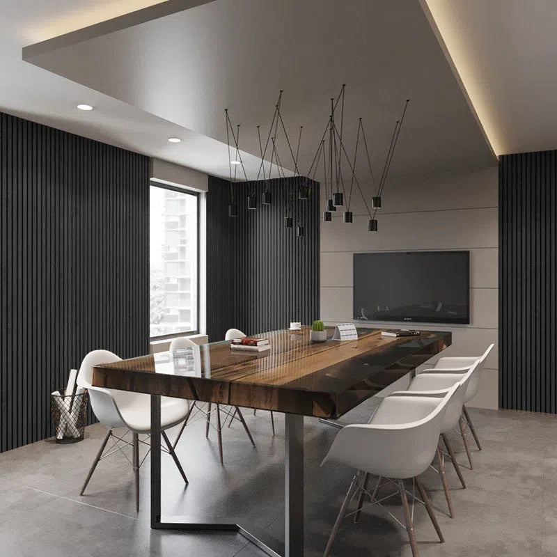 Charcoal Acoustic Wood Slat Wall Panel  in dining room area DecorMania UK