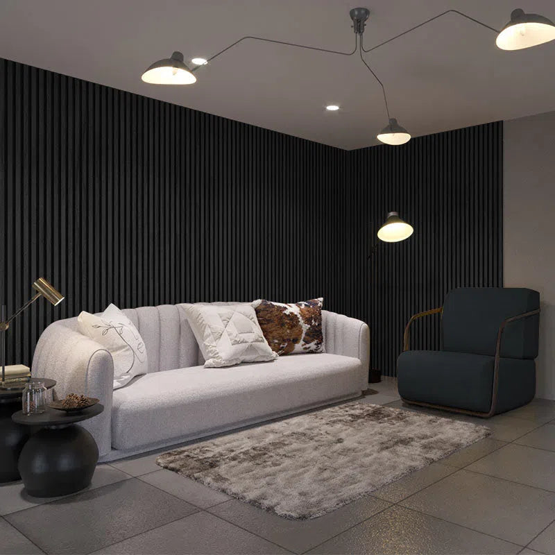 Charcoal Acoustic Wood Slat Wall Panel  in living room area DecorMania UK