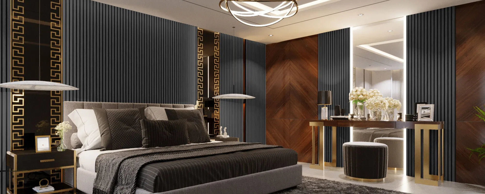 Charcoal Acoustic Wood Slat Wall Panel  in bedroom interior DecorMania UK