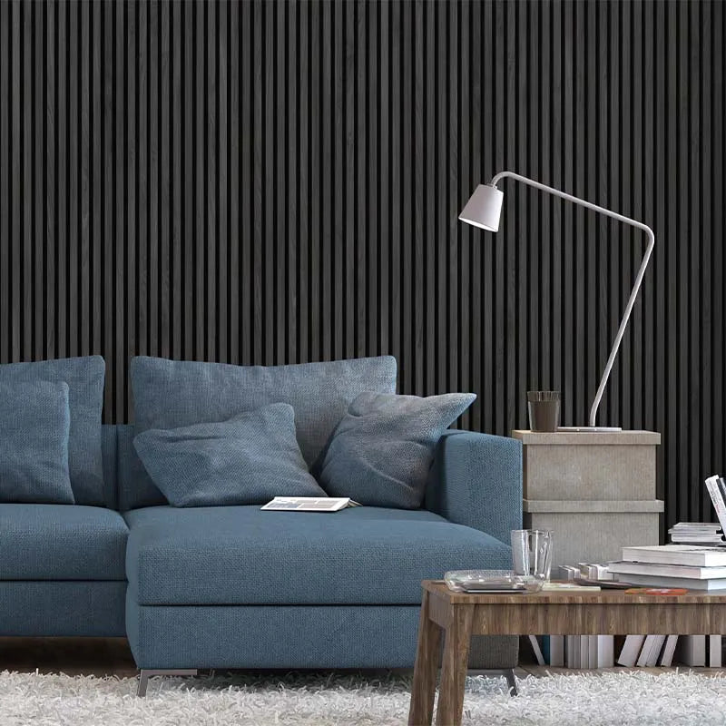 Charocal Acoustic Wood Slat Wall Panel  in living room interior DecorMania.co.uk
