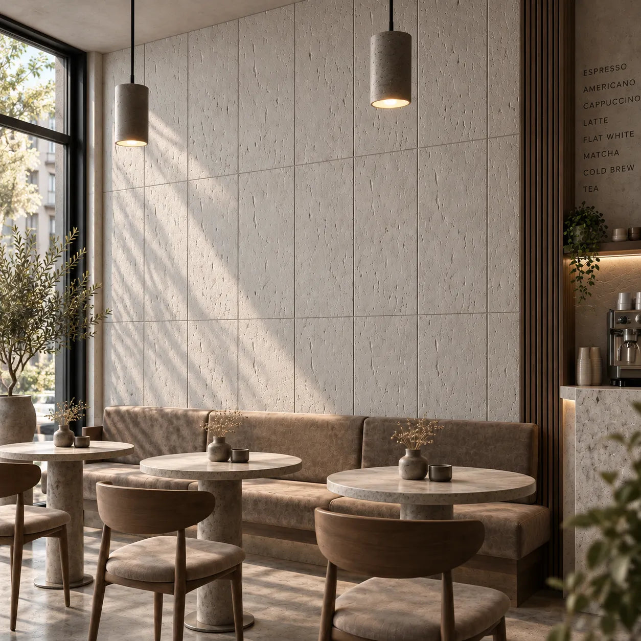 Concrete effect gypsum wall panels in a stylish cafe shown from an angled view