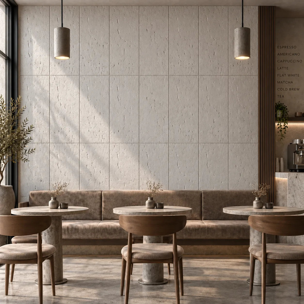 Concrete effect gypsum wall panels installed in a modern cafe interior
