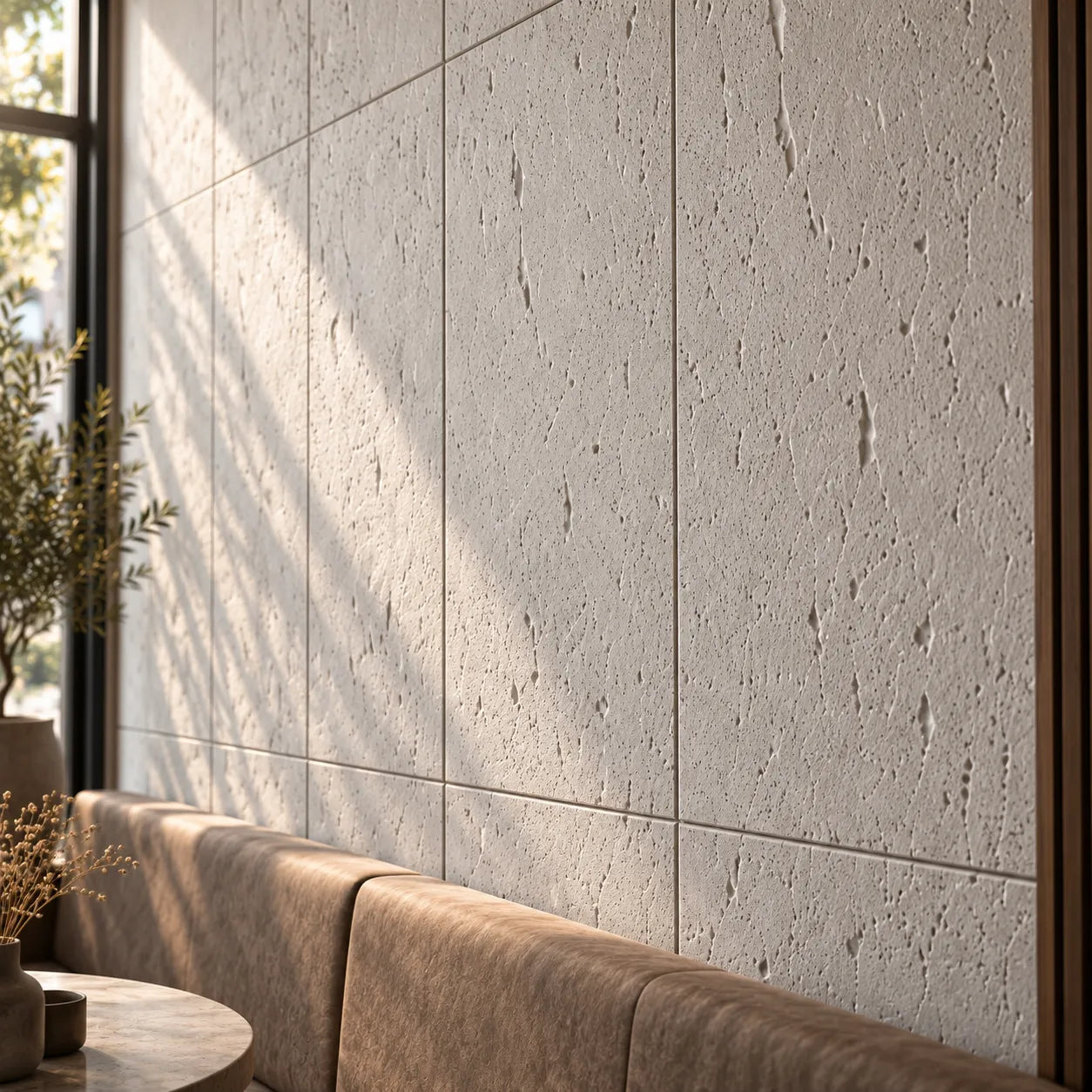 Close up of concrete effect gypsum wall panels showing realistic texture and surface detail