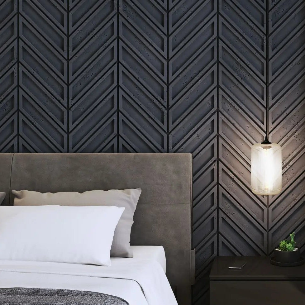 Concrete Cladding HERRINGBONE BOLD Wall Panels in bedroom interior DecorMania UK