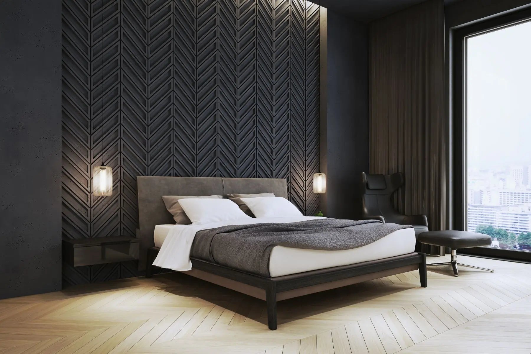 Concrete Cladding HERRINGBONE BOLD Wall Panels in dark bedroom interior DecorMania UK