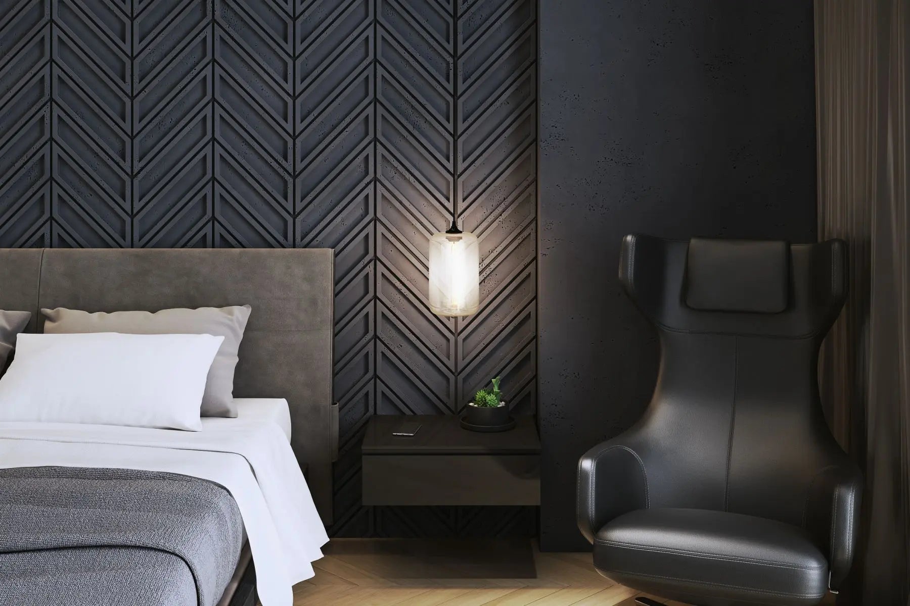 Concrete Cladding HERRINGBONE BOLD Wall Panels in black colour bedroom interior DecorMania UK