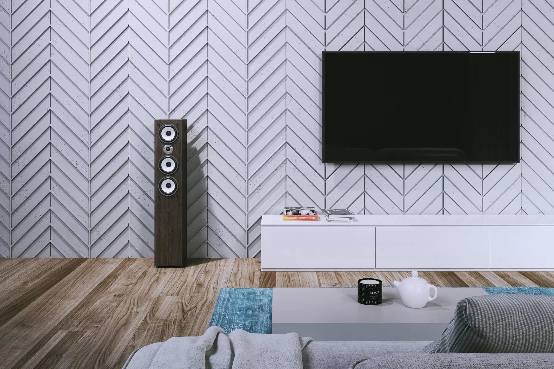 Concrete Cladding HERRINGBONE L REVERS Wall Panels in living room interior DecorMania UK