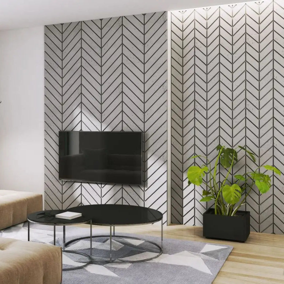 Concrete Cladding HERRINGBONE L Wall Panels in living room interior square DecorMania UK