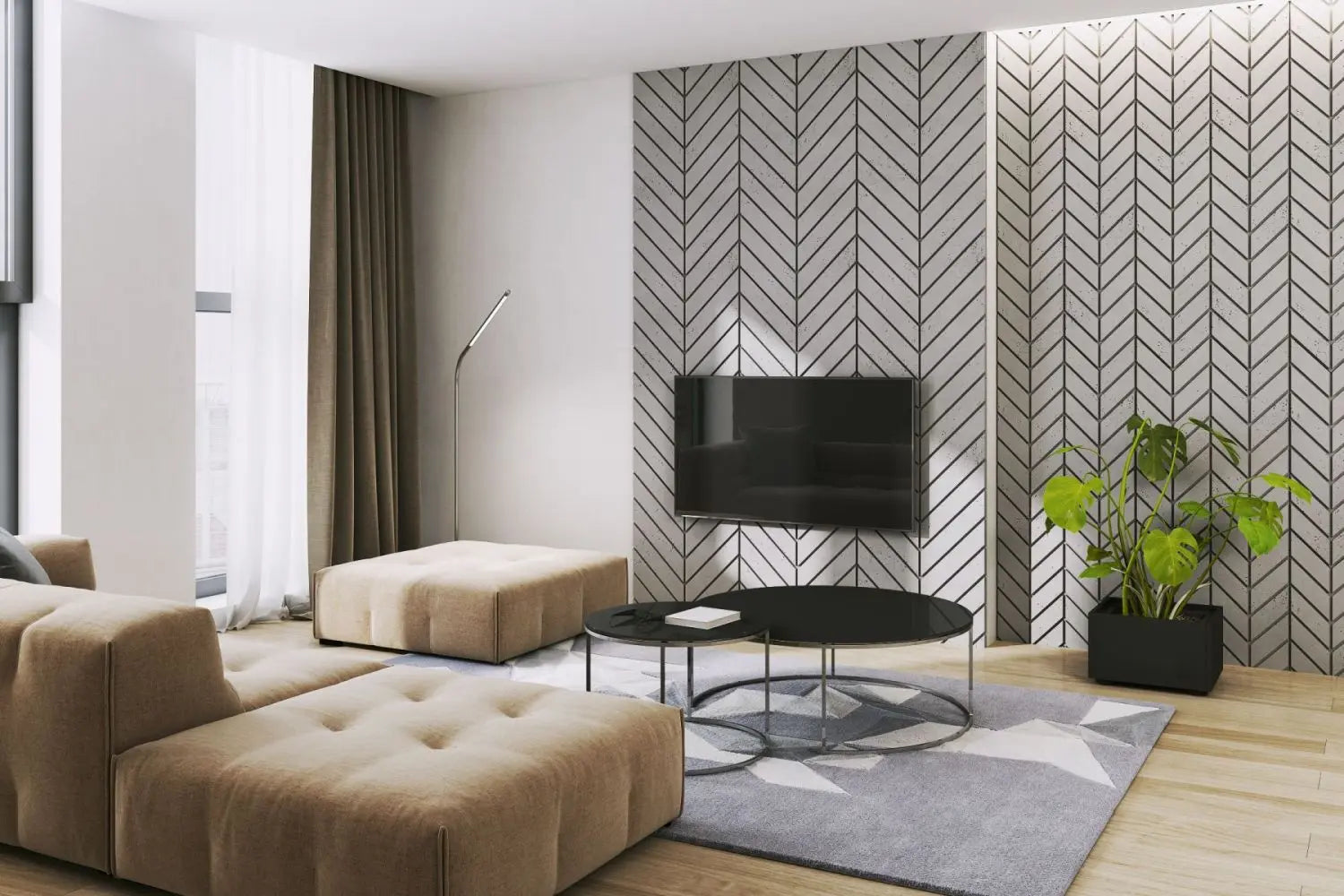 Concrete Cladding HERRINGBONE L Wall Panels in living room interior DecorMania UK