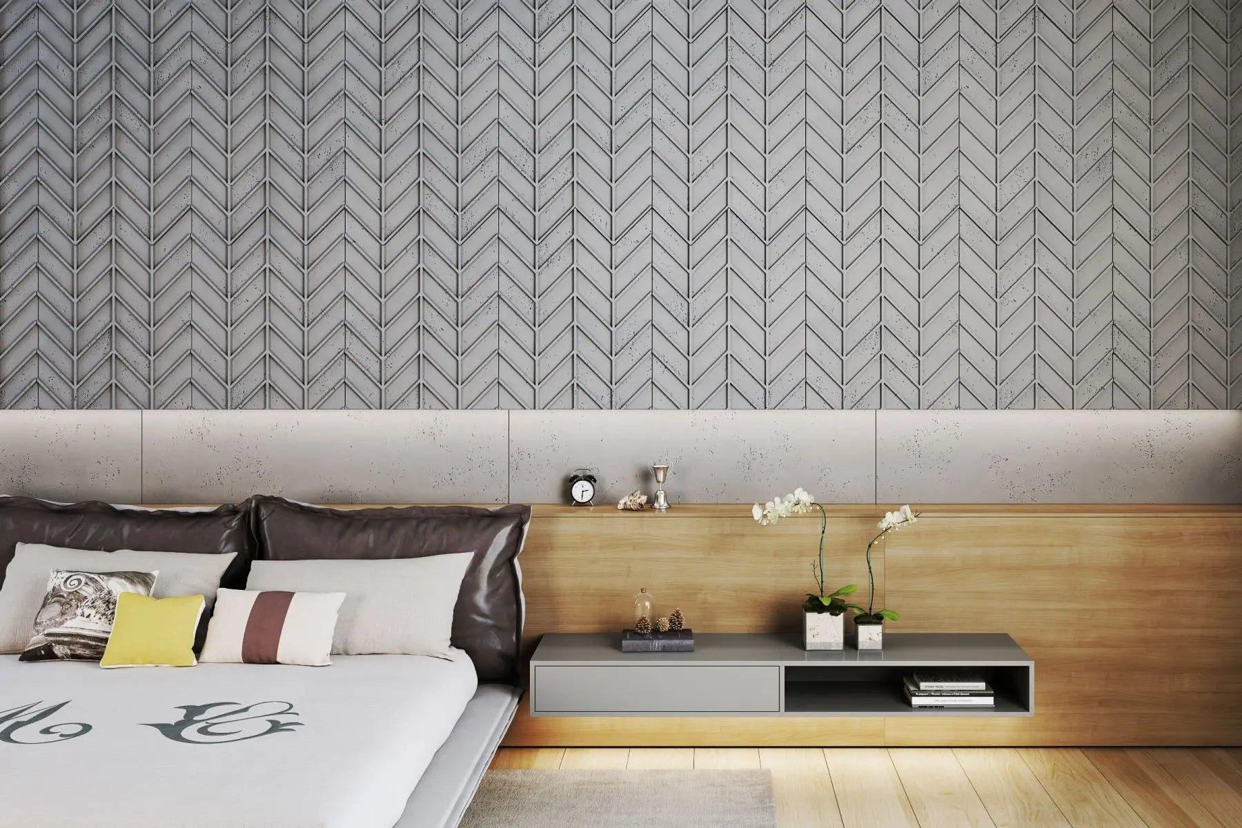 Concrete Cladding HERRINGBONE M REVERS Wall Panels in bedroom interior combined with wood DecorMania UK