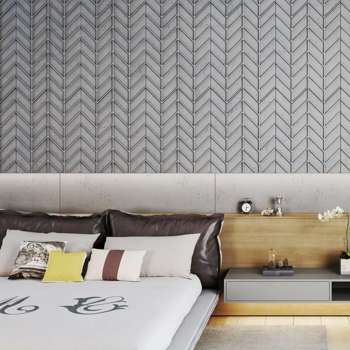 Concrete Cladding HERRINGBONE M REVERS Wall Panels in bedroom interior cropped DecorMania UK