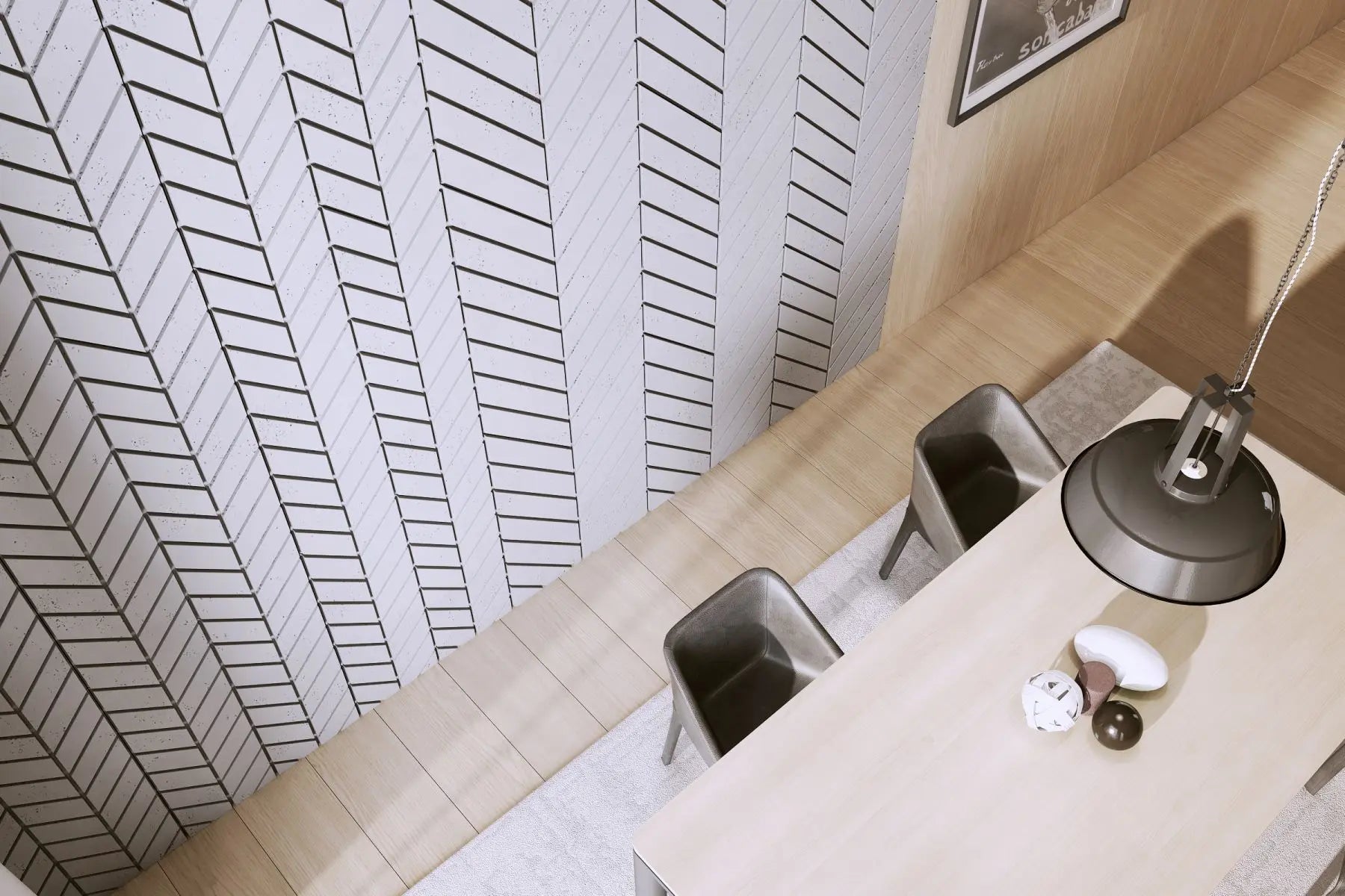 Concrete Cladding HERRINGBONE M Wall Panels dining room interior combined with wood DecorMania UK