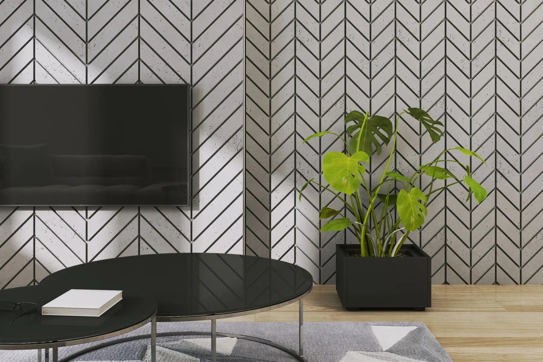 Concrete Cladding HERRINGBONE M Wall Panels in living room interior DecorMania UK
