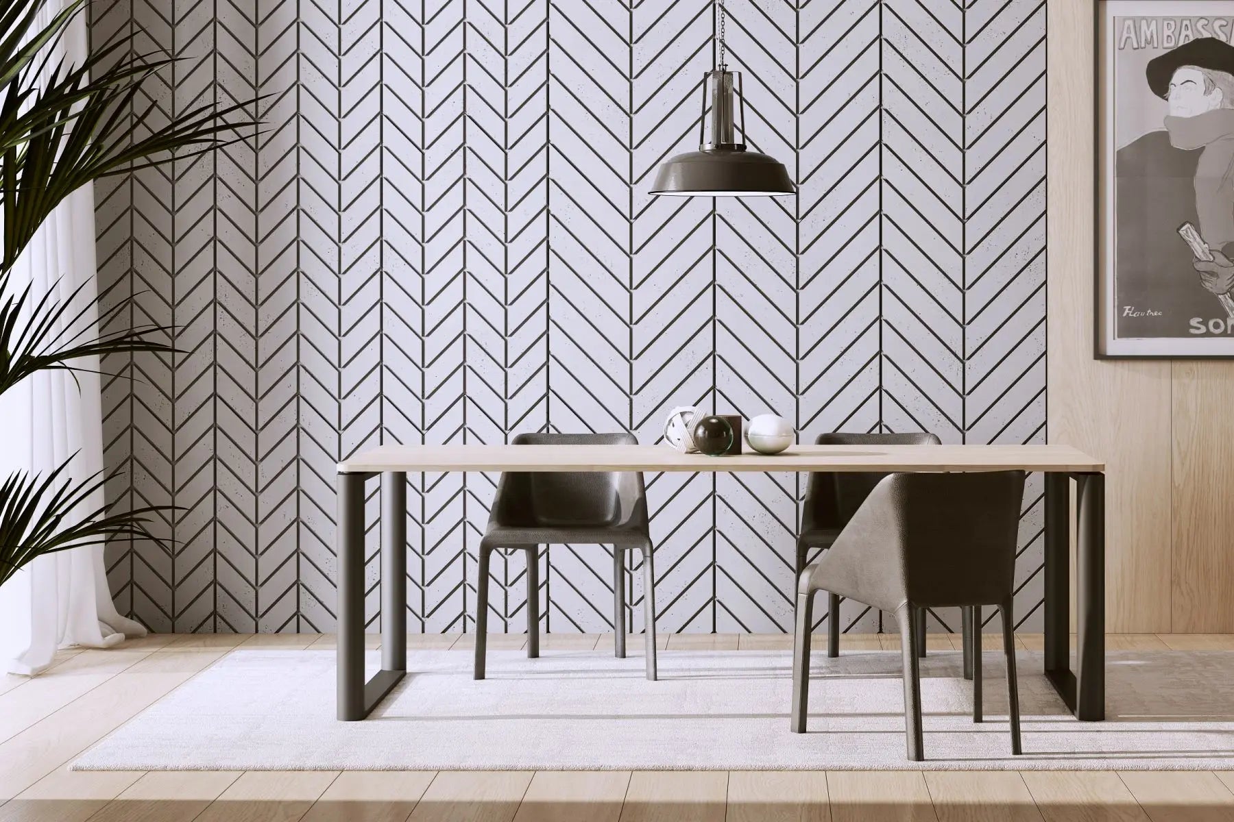 Concrete Cladding HERRINGBONE M Wall Panels in dining room interior DecorMania UK