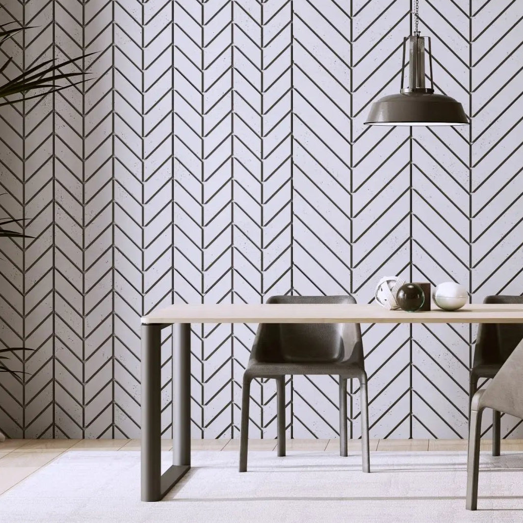 Concrete Cladding HERRINGBONE M Wall Panels in dining room interior cropped DecorMania UK