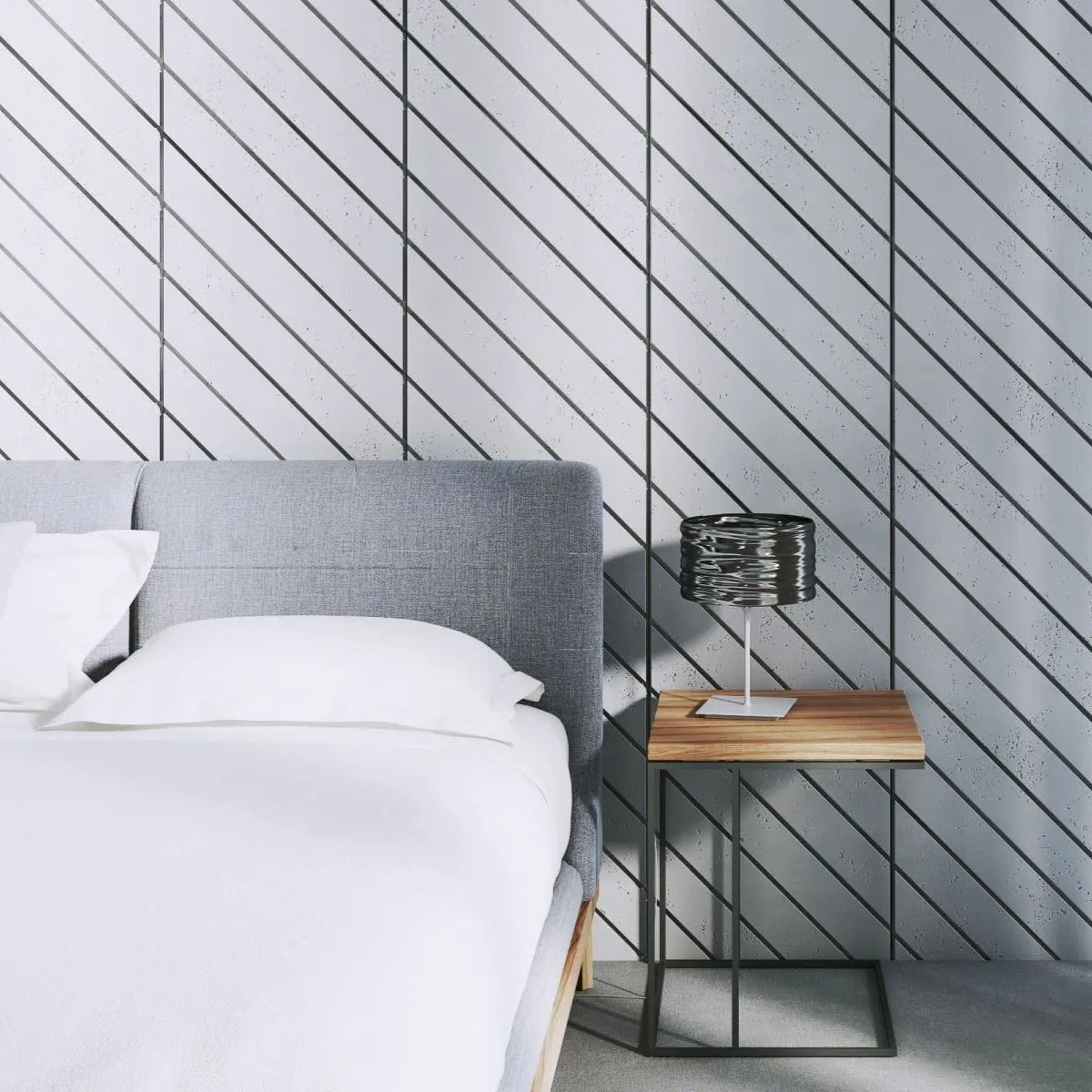Concrete Cladding HERRINGBONE PART Wall Panels in bedroom interior closeup DecorMania UK