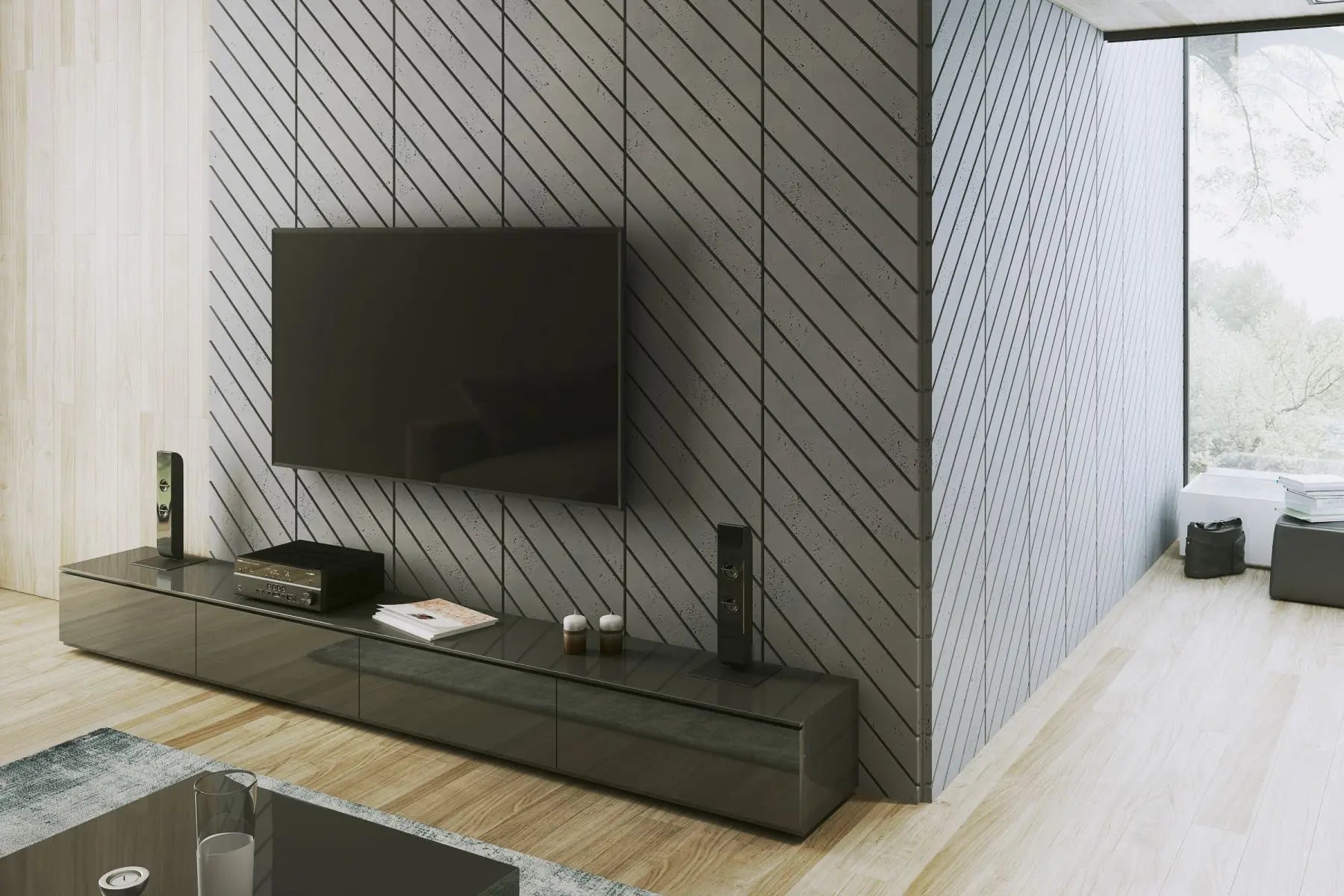 Concrete Cladding HERRINGBONE PART Wall Panels in TV room DecorMania UK