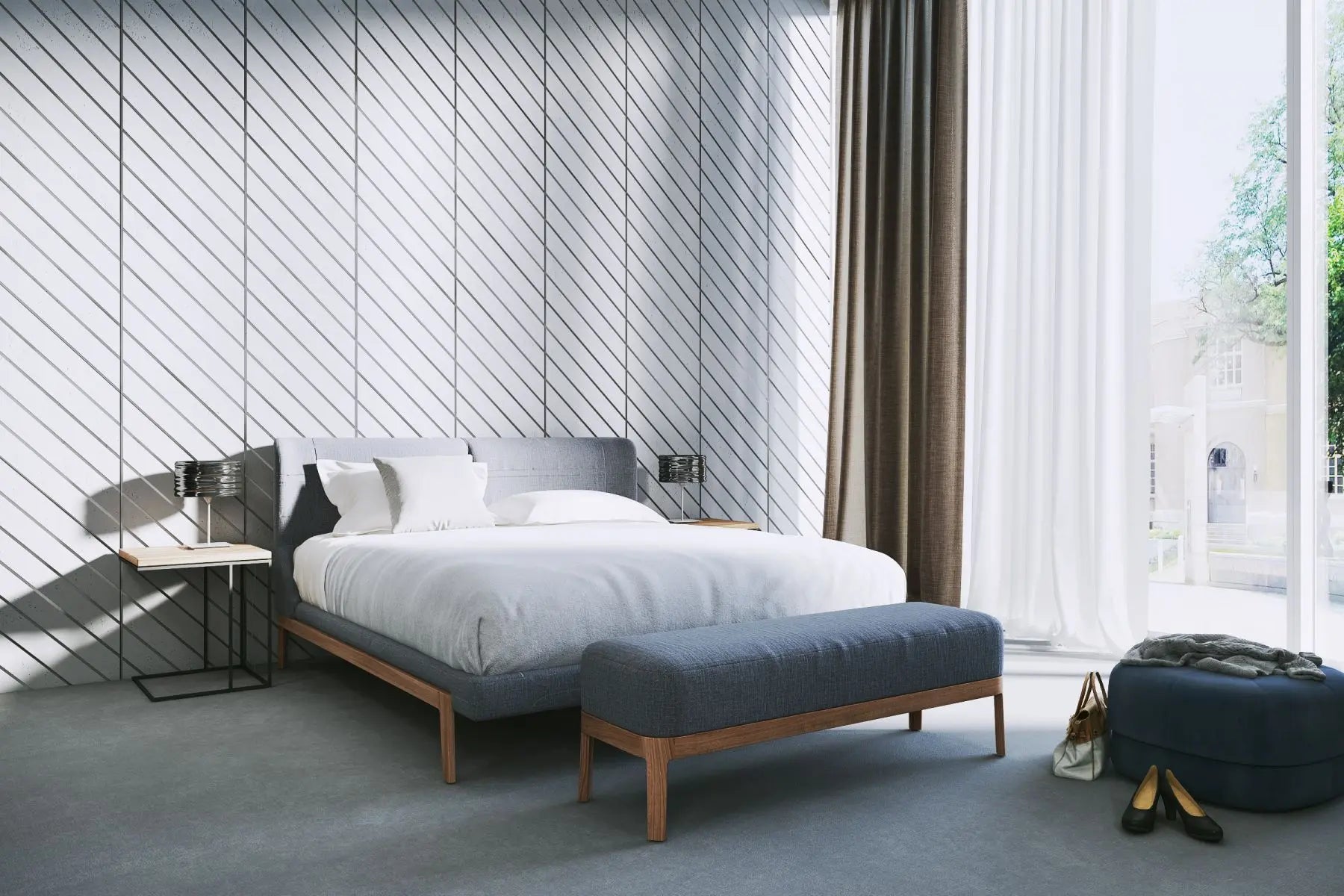 Concrete Cladding HERRINGBONE PART Wall Panels in light blue bedroom interior DecorMania UK
