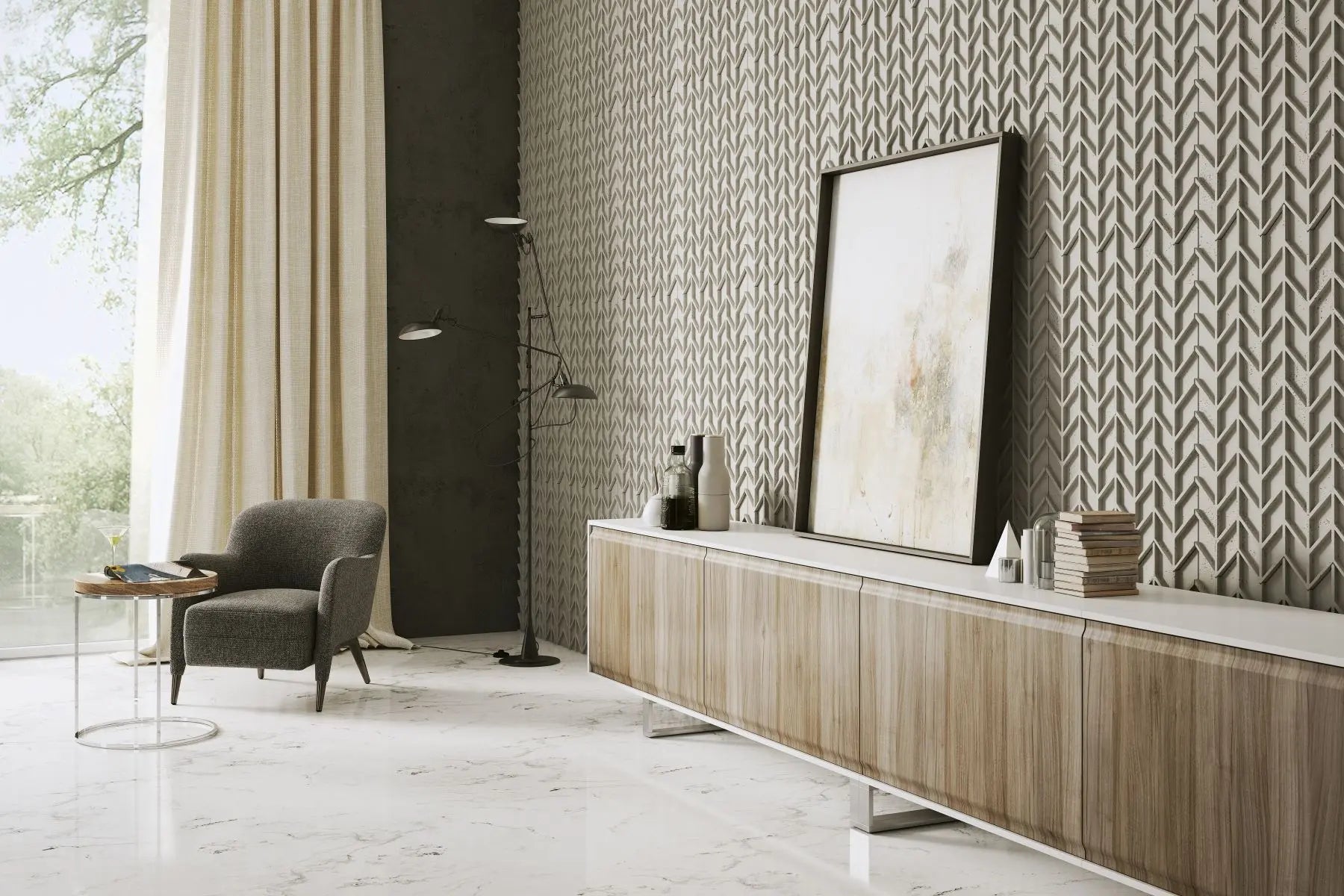 Concrete Cladding HERRINGBONE S REVERS Wall Panels in cozy living room interior combined with wood DecorMania UK