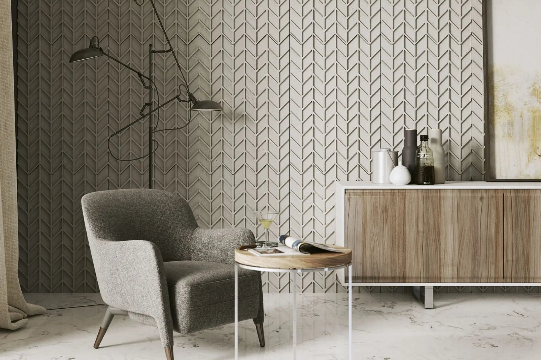 Concrete Cladding HERRINGBONE S REVERS Wall Panels in cozy living room inerior DecorMania UK