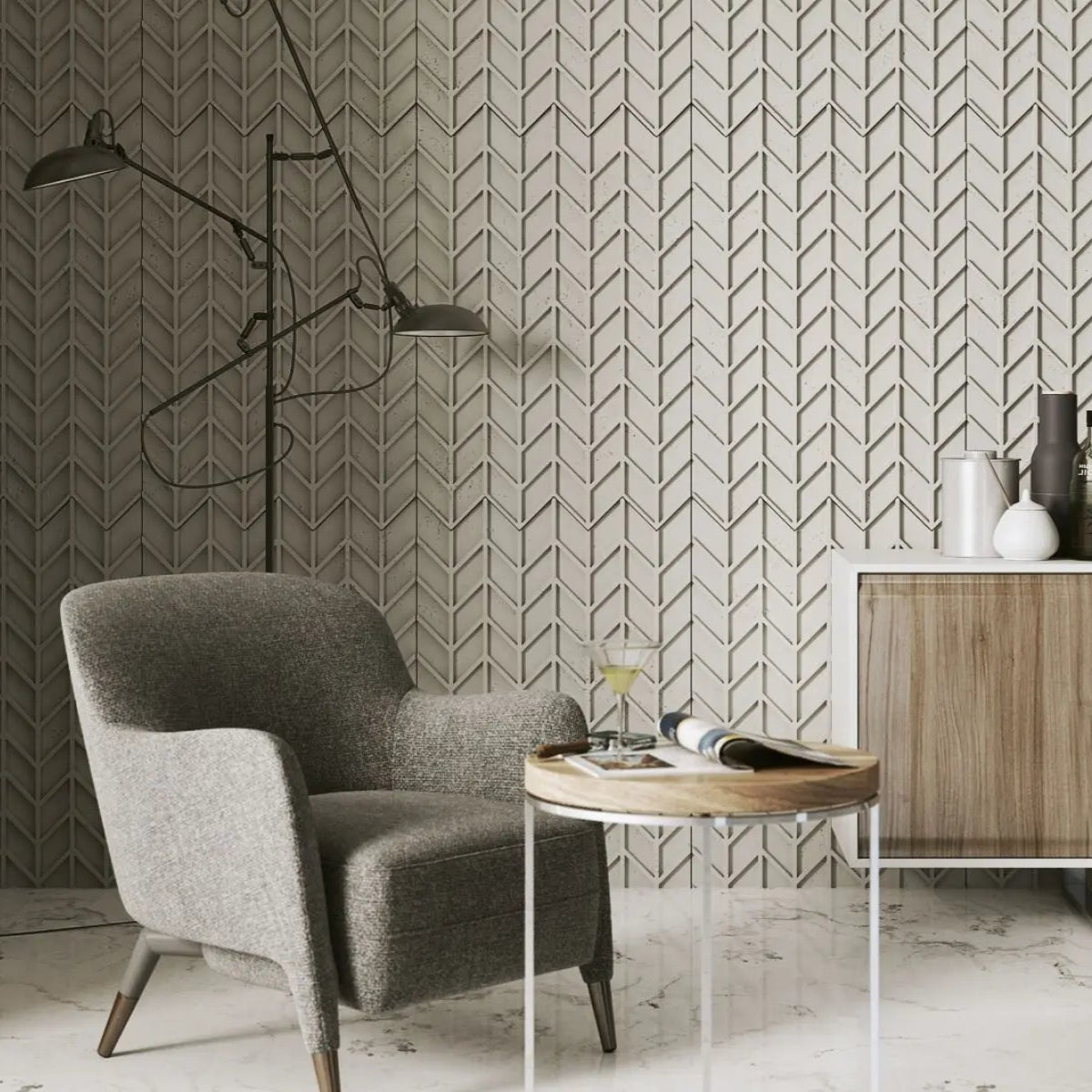 Concrete Cladding HERRINGBONE S REVERS Wall Panels in cozy living room interior cropped DecorMania UK
