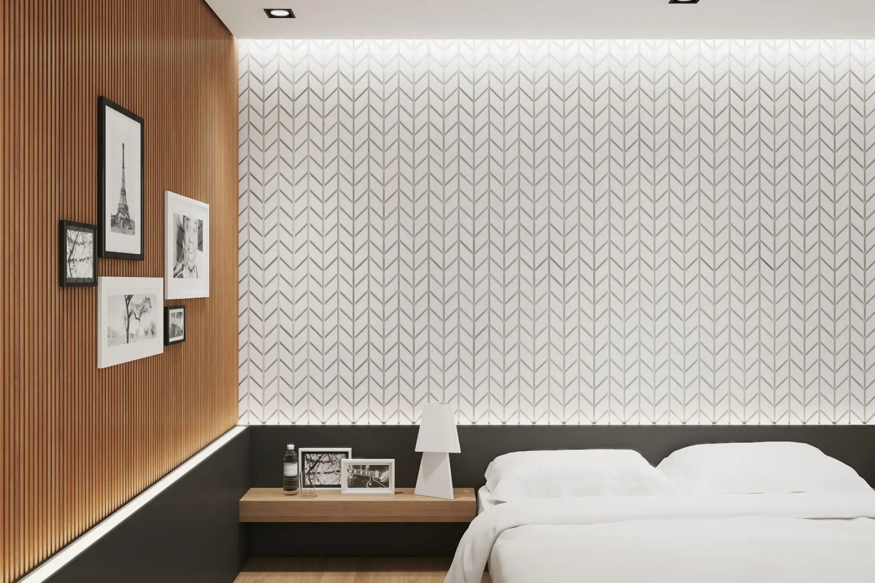 Concrete Cladding HERRINGBONE S Wall Panels in bedroom interior DecorMania UK