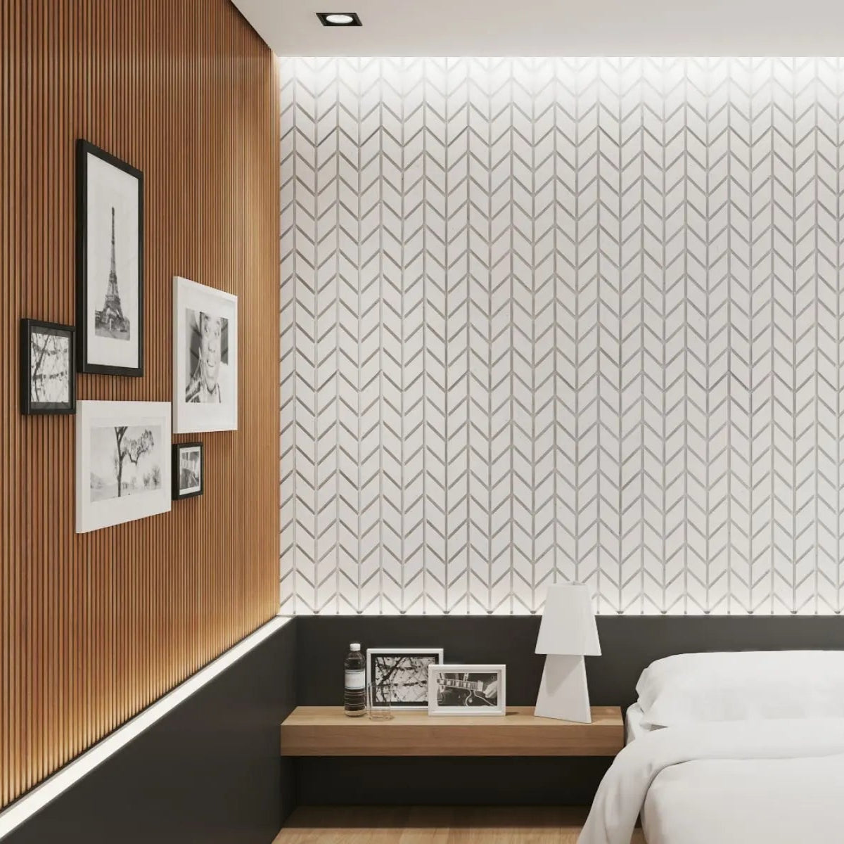 Concrete Cladding HERRINGBONE S Wall Panels in bedroom interior DecorMania UK