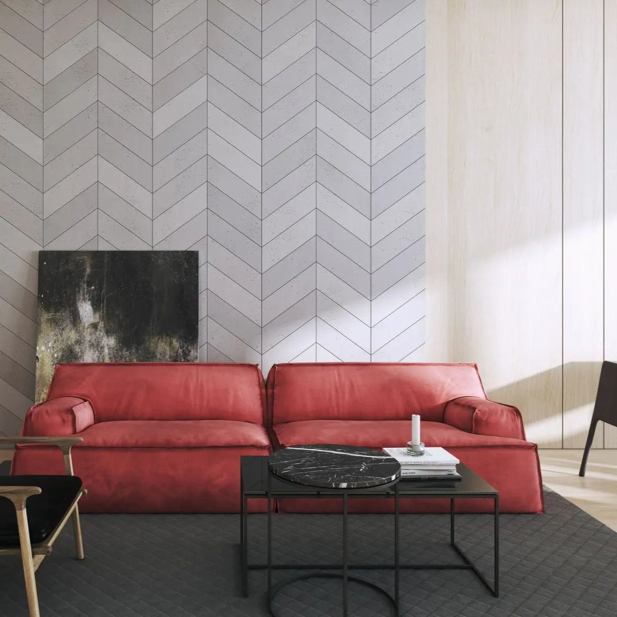 Concrete Cladding HERRINGBONE Wall Panels in modern living room interior DecorMania UK