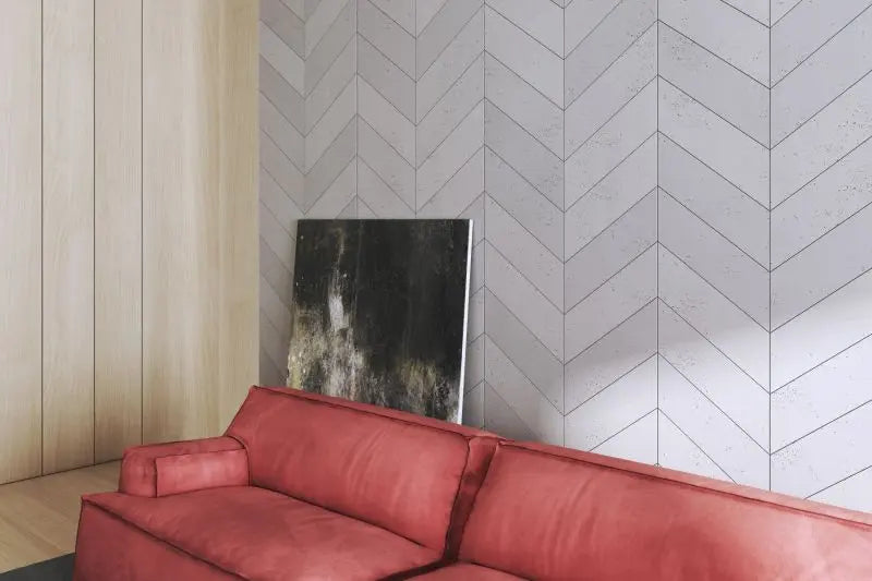 Concrete Cladding HERRINGBONE Wall Panels in living room interior DecorMania UK