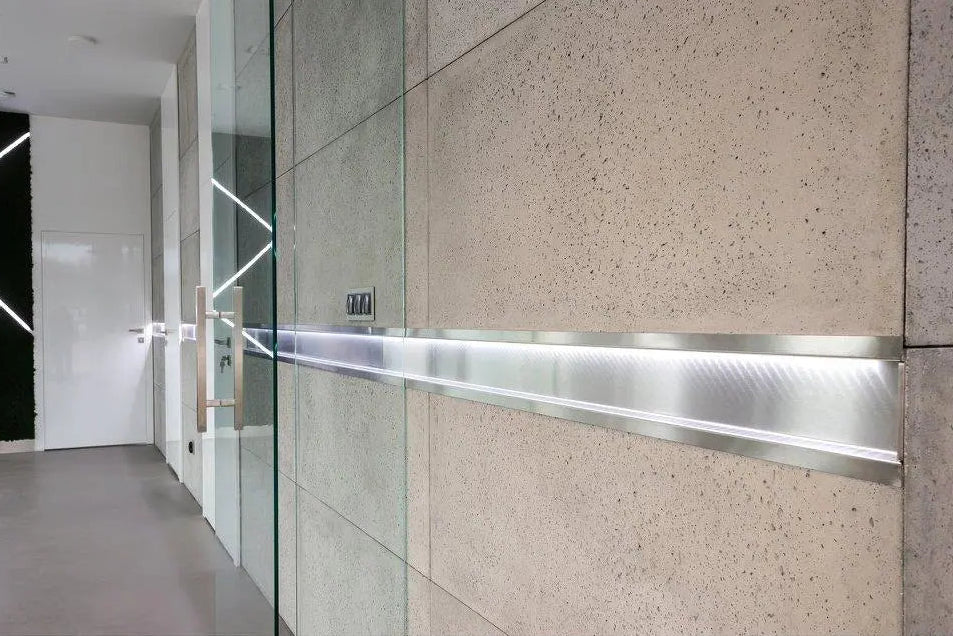 Modern interior walls with glass wall and metallic railing, featuring concrete Architecture 