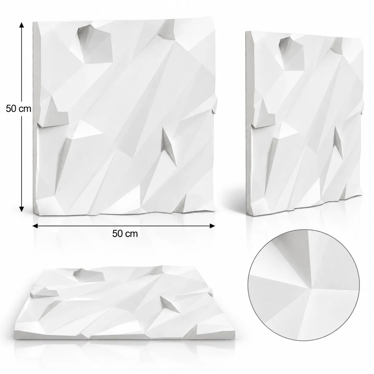 Crushed Rock 3D gypsum wall panel shown from several angles, with 50 cm by 50 cm dimensions and a close detail of the relief