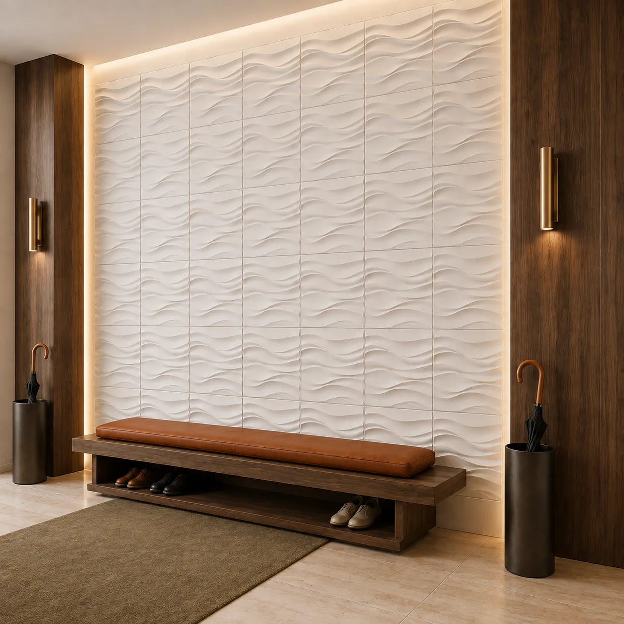 White Desert Sand gypsum 3D wall panels with a flowing wave pattern in a warmly lit modern hallway