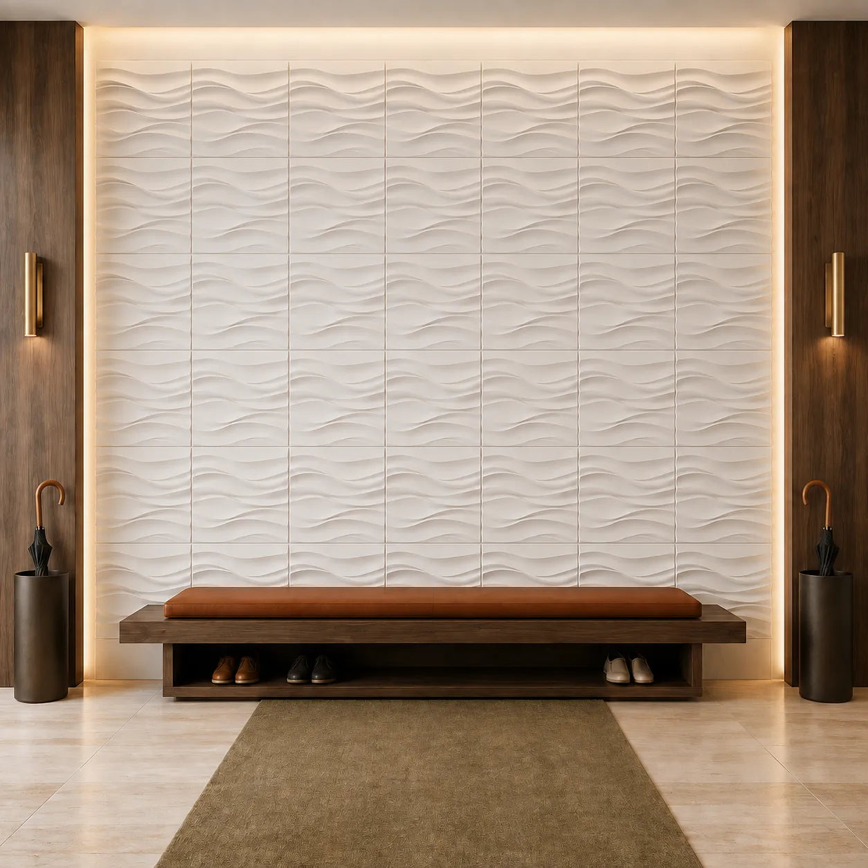 Front view of white Desert Sand 50 × 50 cm gypsum 3D wall panels above a wooden hallway bench