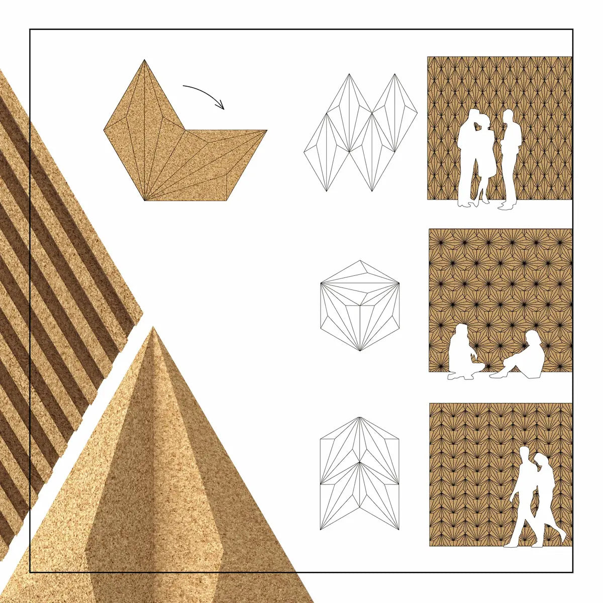 DIAMOND LINE 3D Cork Acoustic Wall Panels patterns on white background DecorMania UK