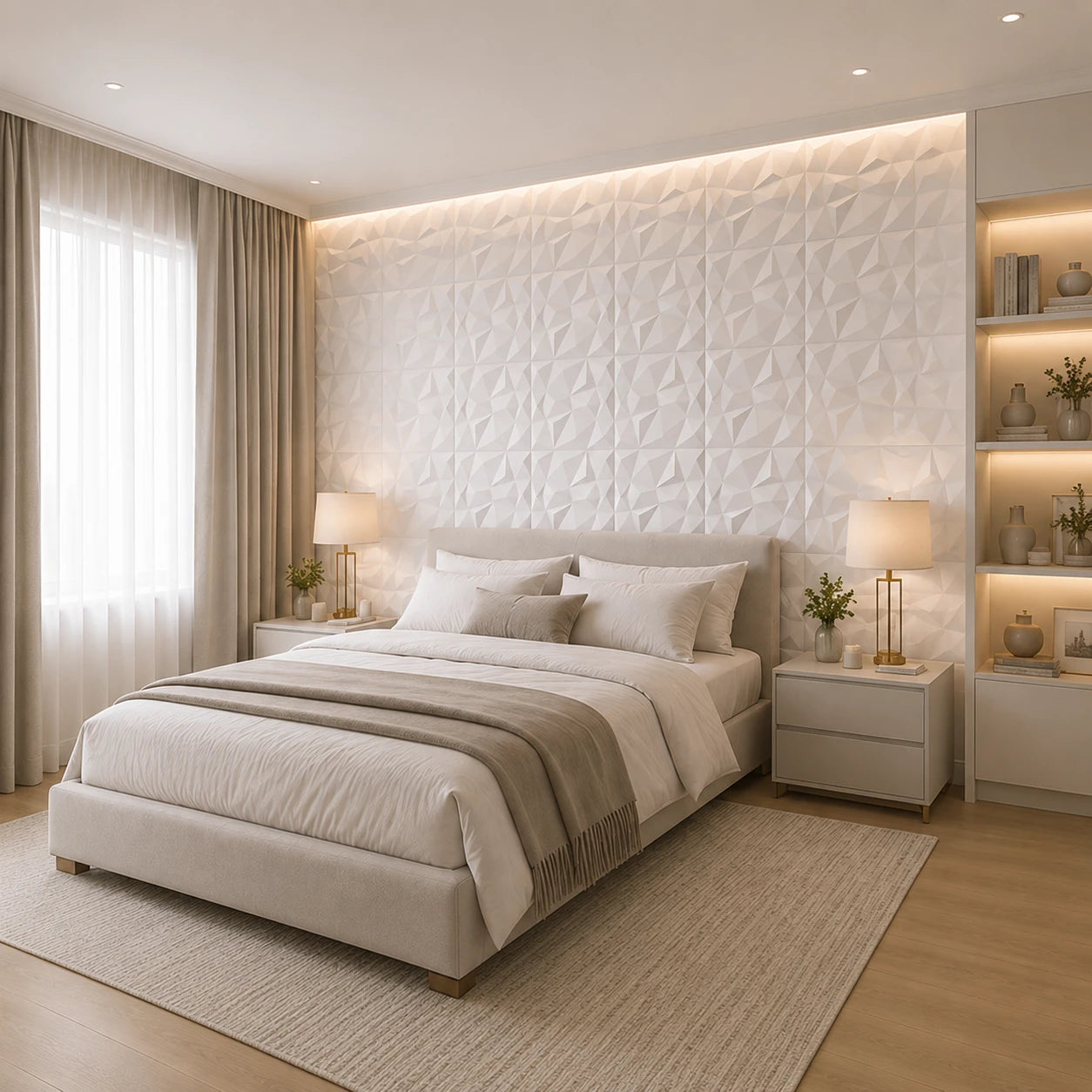 Angled view of a warm, modern bedroom featuring a beige upholstered bed, neutral bedding, illuminated shelving, and a wall covered with white square 3D geometric panels